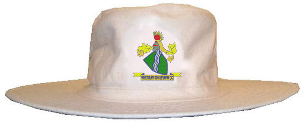 The Gray Nicolls Westbury-on-Severn CC Cream Sun Hat features a wide brim, light color, and an embroidered crest with green mountains, yellow accents, a red circle, and a yellow banner—ideal for sunny days in Westbury-on-Severn.