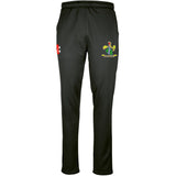 The Gray Nicolls Westbury-on-Severn CC Pro Performance Training Trousers are black with an elastic waistband, moisture-wicking fabric, a red and white NE logo on the right thigh, and a green, blue, and yellow crest on the left thigh.