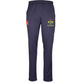 Gray Nicolls Westbury-on-Severn CC Pro Performance Training Trousers in navy, featuring an elastic waistband, moisture wicking fabric, a red and white left thigh logo, and a green/yellow lion crest on the right.