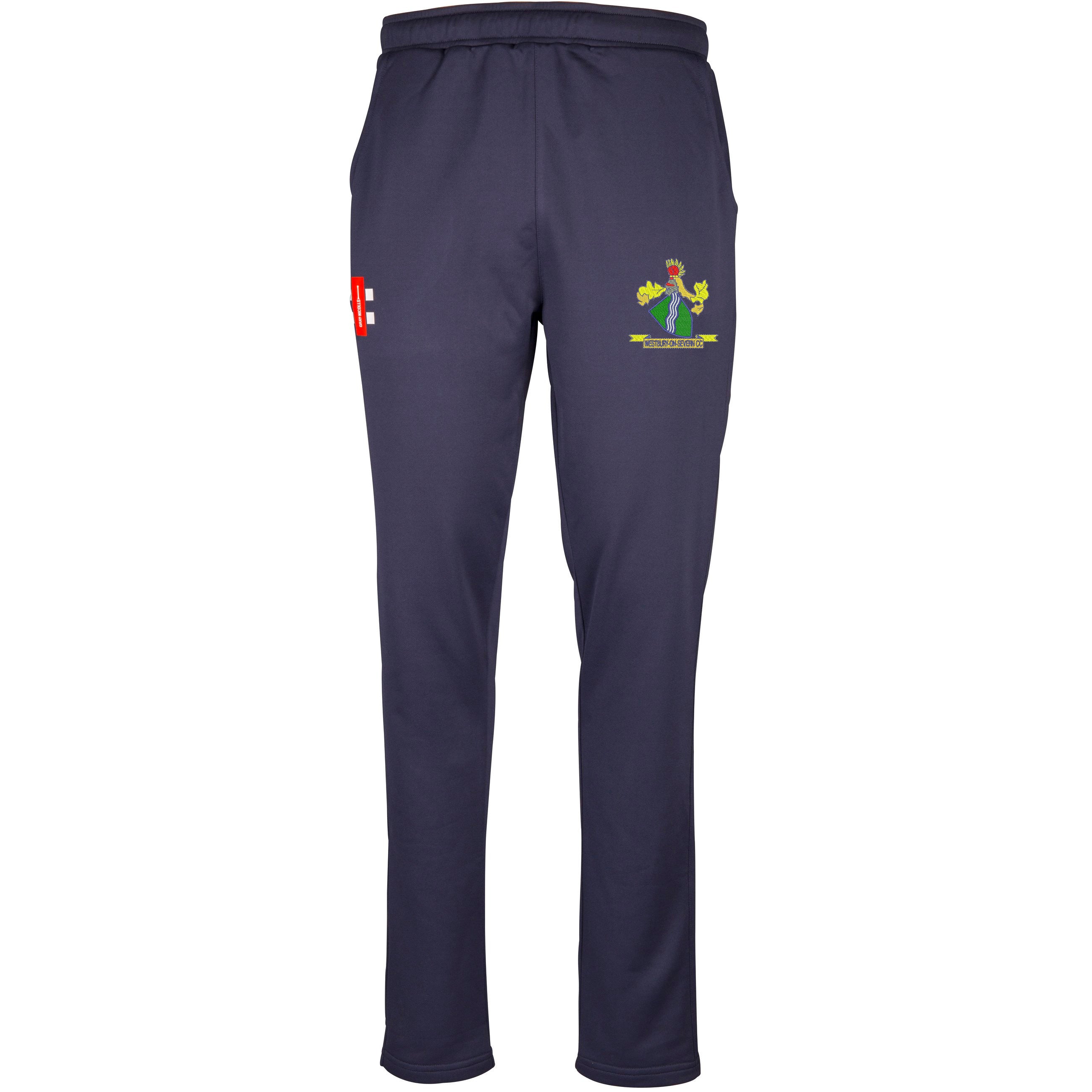 Gray Nicolls Westbury-on-Severn CC Pro Performance Training Trousers in navy, featuring an elastic waistband, moisture wicking fabric, a red and white left thigh logo, and a green/yellow lion crest on the right.