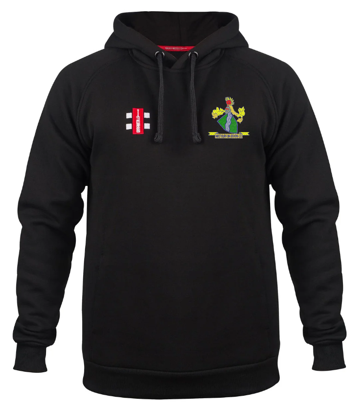 The Gray Nicolls Westbury-on-Severn CC Velocity Hoodie in black is made from sustainable cotton, with a colorful club logo on the left chest, a small red and white logo on the right, and ribbed cuffs and hem for comfort.