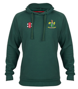 The Gray Nicolls Westbury-on-Severn CC Velocity Hoodie is a green hoodie made from sustainable cotton, featuring a front pocket, an embroidered bird and leaf club logo on the left chest, and two red-white patches on the right chest.