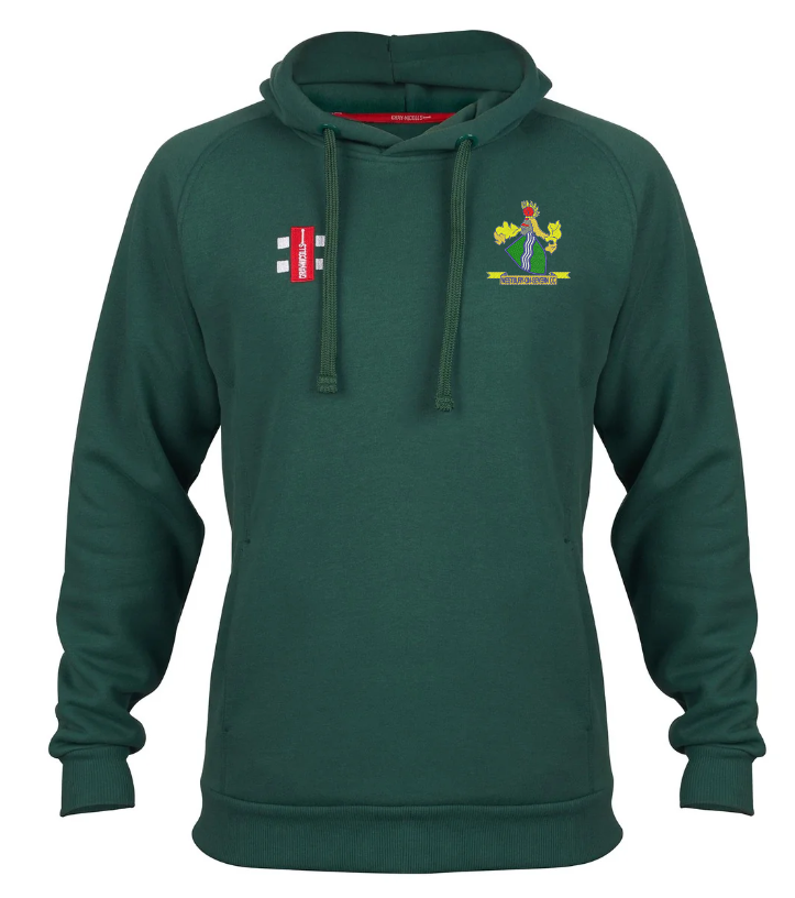 The Gray Nicolls Westbury-on-Severn CC Velocity Hoodie is a green hoodie made from sustainable cotton, featuring a front pocket, an embroidered bird and leaf club logo on the left chest, and two red-white patches on the right chest.
