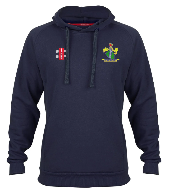 The Gray Nicolls Westbury-on-Severn CC Velocity Hoodie is navy, made from sustainable cotton, featuring a front pocket, a small red and white rectangular club logo on the right chest, and an embroidered crest on the left chest.