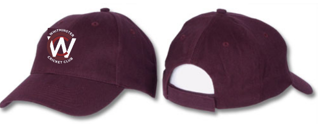 The Gray Nicolls Whitminster CC Cricket Cap is maroon, shown front and back. The front displays a round "WHITMINSTER CRICKET CLUB" logo with a white W, while the back features an adjustable strap for comfort.
