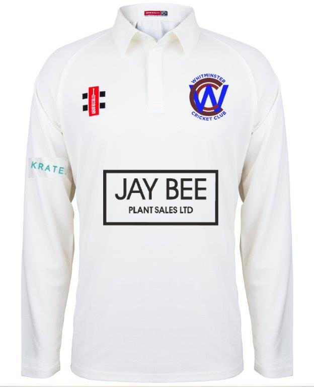 The Gray Nicolls Whitminster CC Matrix V2 Long Sleeve Shirt is a white cricket top with the club logo, red and black sponsor patches, a large JAY BEE PLANT SALES LTD front logo, and moisture-wicking fabric for comfort on the field.