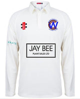 The Gray Nicolls Whitminster CC Matrix V2 Long Sleeve Shirt is a white cricket top with the club logo, red and black sponsor patches, a large JAY BEE PLANT SALES LTD front logo, and moisture-wicking fabric for comfort on the field.