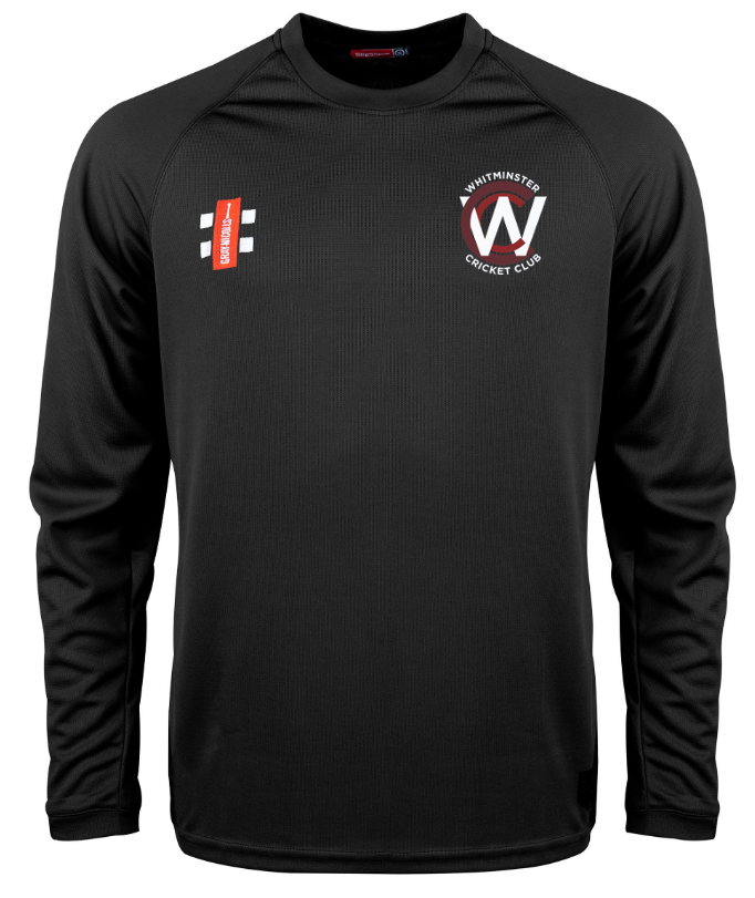 The Gray Nicolls Whitminster CC Matrix V2 Long Sleeve T-Shirt is a black cricket jersey with an active training design, features the club name, a large W on the left chest, and two small white and orange sponsor logos on the right.