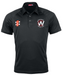 The Gray Nicolls Whitminster CC Matrix V2 Polo Shirt is a black, short-sleeved cricket top with a collar, featuring the club logo on the left chest, red rectangular sponsor logo on the right, and moisture-wicking fabric for comfort.