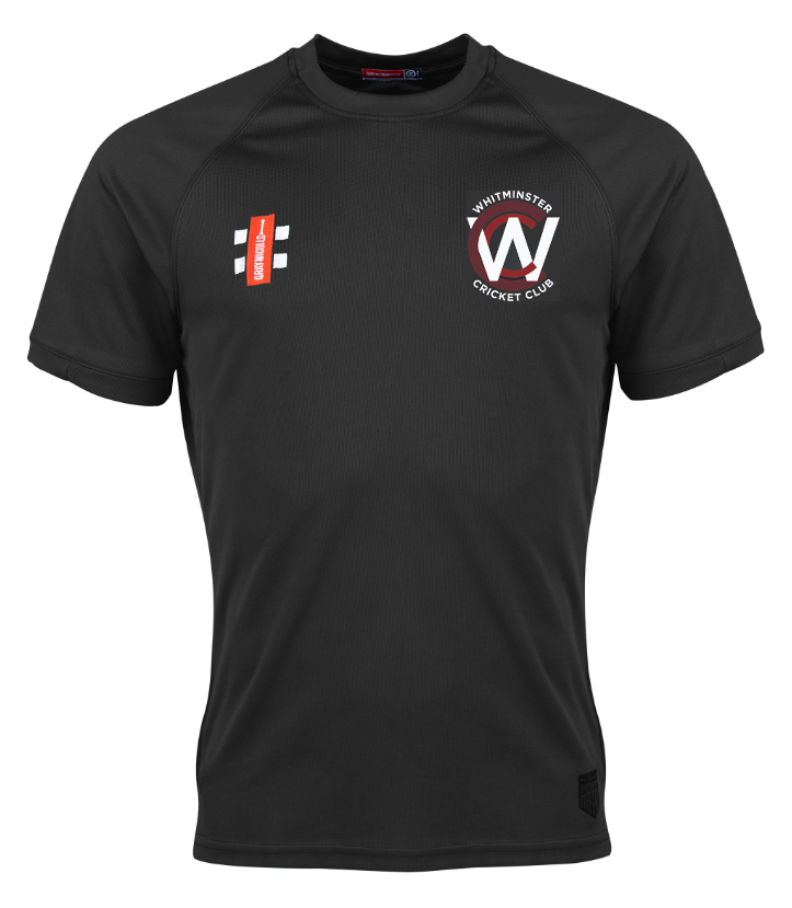 The Whitminster CC Matrix V2 T-Shirt by Gray Nicolls is a black, short-sleeved, fitted crew neck tee with an embroidered club logo left chest and red sponsor logo right, part of their premium training apparel range.