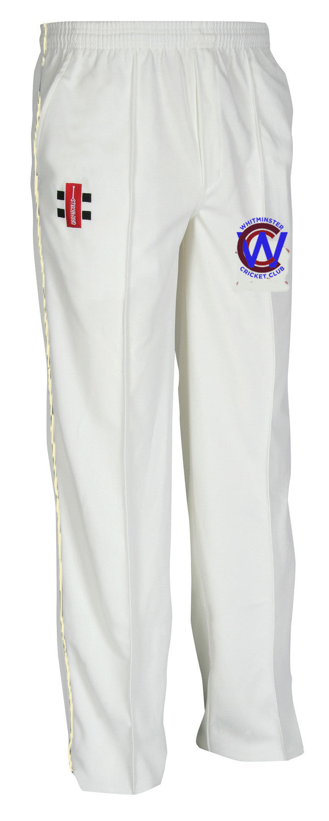 The Gray Nicolls Whitminster CC Matrix V2 Cricket Trouser is a pair of white trousers with an elastic waistband, tapered fit, and features two logos: a red and black one on the right thigh and a blue and red circular one on the left thigh.