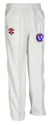The Gray Nicolls Whitminster CC Matrix V2 Cricket Trouser is a pair of white trousers with an elastic waistband, tapered fit, and features two logos: a red and black one on the right thigh and a blue and red circular one on the left thigh.