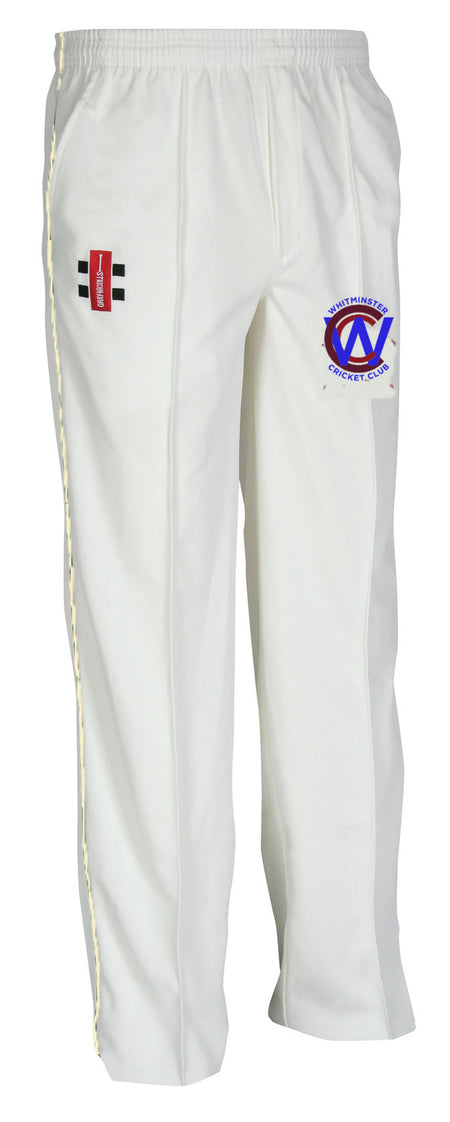 The Gray Nicolls Whitminster CC Matrix V2 Cricket Trouser is a pair of white trousers with an elastic waistband, tapered fit, and features two logos: a red and black one on the right thigh and a blue and red circular one on the left thigh.