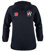 The Gray Nicolls Whitminster CC Pro Performance V2 Hoodie is a black athletic-fit hoodie with red drawstrings, featuring the club logo left chest and red/white patches right side—ideal for your next training session.