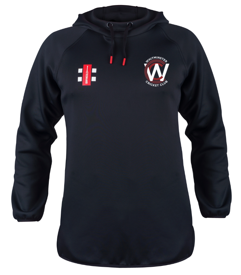 The Gray Nicolls Whitminster CC Pro Performance V2 Hoodie is a black athletic-fit hoodie with red drawstrings, featuring the club logo left chest and red/white patches right side—ideal for your next training session.