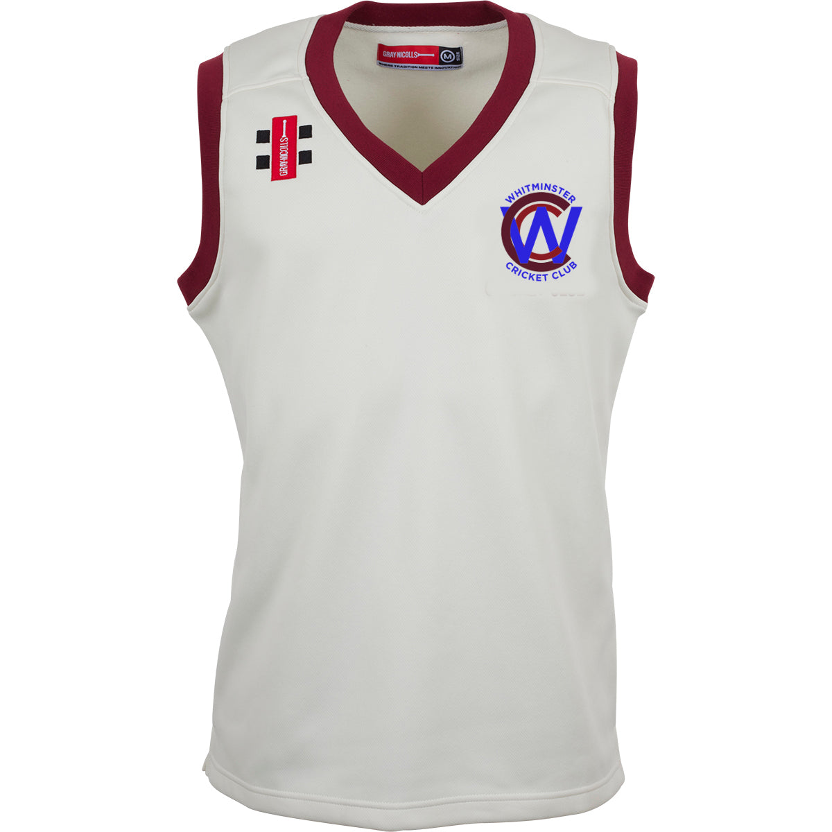 The Gray Nicolls Whitminster CC Pro Performance Slipover is a lightweight sleeveless white fleece with maroon trim, featuring the club logo on the left chest and two rectangular logos on the right.
