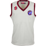 The Gray Nicolls Whitminster CC Pro Performance Slipover is a lightweight sleeveless white fleece with maroon trim, featuring the club logo on the left chest and two rectangular logos on the right.