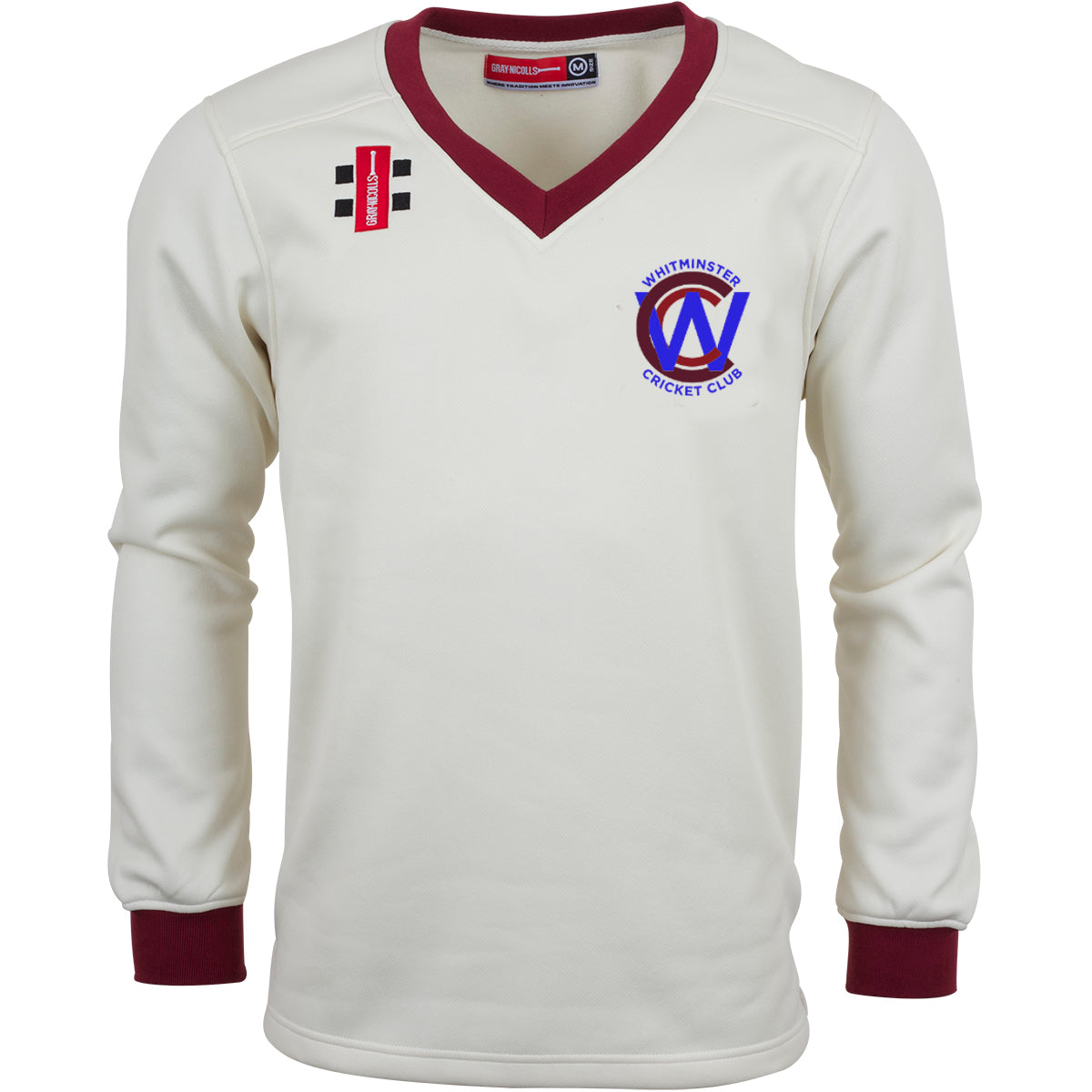 The Gray Nicolls Whitminster CC Pro Performance Sweater is a long-sleeved cream sweater with maroon collar and cuffs, club logo on the left chest, and two rectangular patches on the right shoulder.