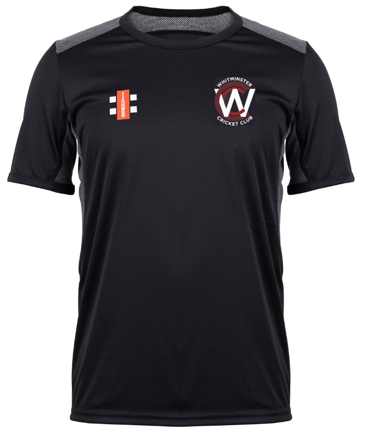 The Gray Nicolls Whitminster CC Pro Performance T-Shirt is a black short-sleeve athletic top with mesh panels, the club logo on the left chest, an orange bar logo on the right, and fast-drying fabric for comfort.