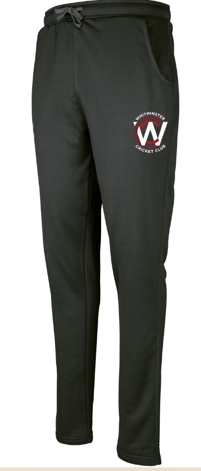 The Gray Nicolls Whitminster CC Pro Performance Training Trousers feature side pockets, a drawstring waist, tailored fit, moisture management, and display the white/red Whitminster Cricket Club logo on the upper right thigh.