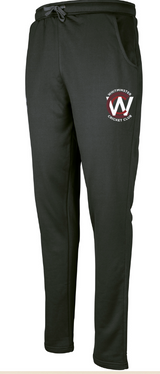 The Gray Nicolls Whitminster CC Pro Performance Training Trousers feature side pockets, a drawstring waist, tailored fit, moisture management, and display the white/red Whitminster Cricket Club logo on the upper right thigh.