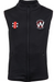 The Whitminster CC Black Storm Bodywarmer by Gray Nicolls is a sleeveless zip-up vest with the club logo on the left chest, red and white sponsor patch on the right, two zippered front pockets, and stretch micro-fleece for comfort.