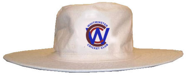 The Martin Berrill Sports Whitminster CC Sun Hat is a white, wide-brimmed cricket hat featuring the blue and red Whitminster Cricket Club logo on the front.