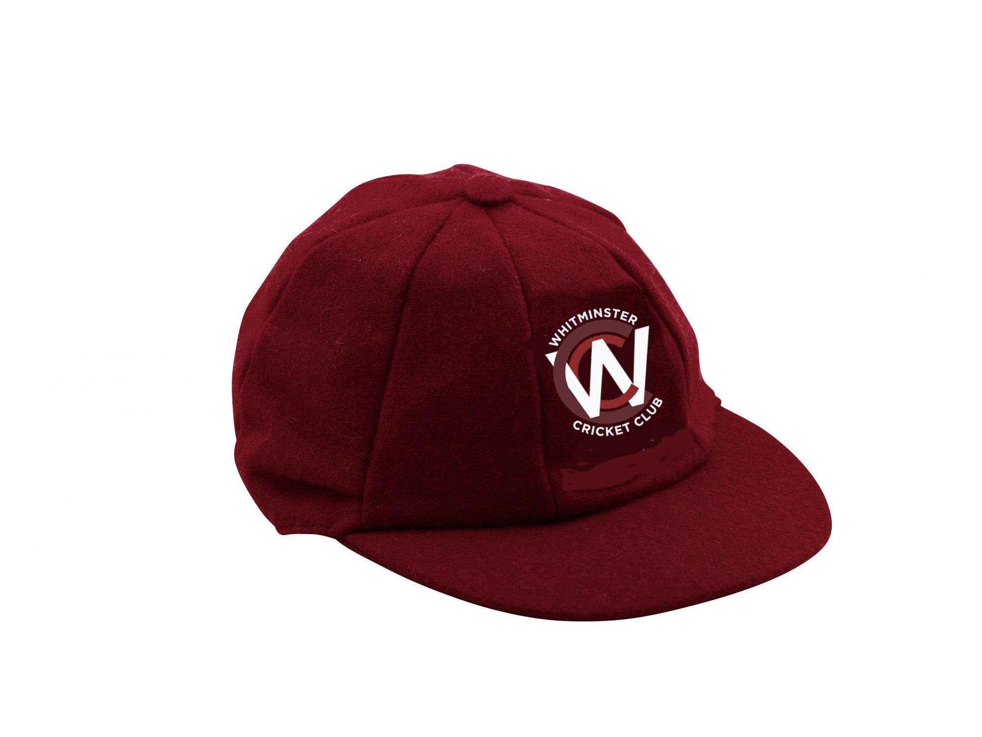 The Whitminster CC Traditional Cricket Cap by Martin Berrill Sports features a maroon design with the club logo and "Whitminster Cricket Club" embroidered in white, shown on a plain white background.