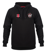 The Whitminster CC Velocity Hoodie by Gray Nicolls is black with drawstrings, featuring two chest embroidered logos: one with a red vertical bar and another with a circular emblem reading WINTON CC CRICKET CLUB.