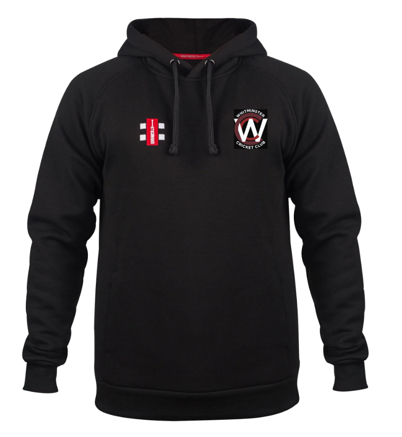 The Whitminster CC Velocity Hoodie by Gray Nicolls is black with drawstrings, featuring two chest embroidered logos: one with a red vertical bar and another with a circular emblem reading WINTON CC CRICKET CLUB.
