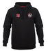 The Whitminster CC Velocity Hoodie by Gray Nicolls is black with drawstrings, featuring two chest embroidered logos: one with a red vertical bar and another with a circular emblem reading WINTON CC CRICKET CLUB.