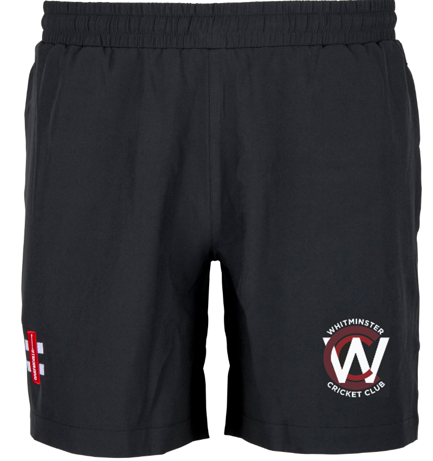 The Gray Nicolls Whitminster CC Velocity Shorts feature an elastic waistband, the club logo on the left leg, and a small red and white patch on the right—ideal for cricket training sessions.