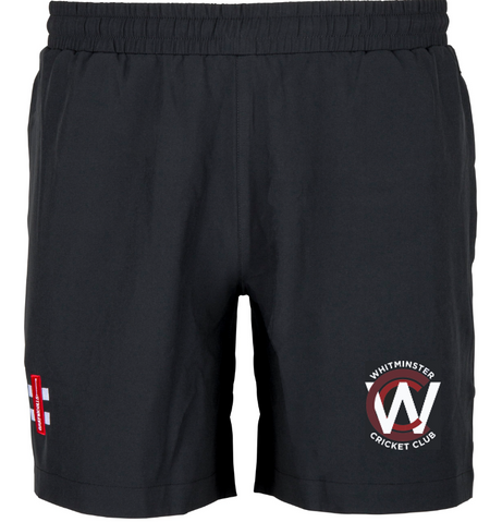 The Gray Nicolls Whitminster CC Velocity Shorts feature an elastic waistband, the club logo on the left leg, and a small red and white patch on the right—ideal for cricket training sessions.