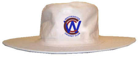 The Whitminster CC Sun Hat by Martin Berrill Sports is a wide-brimmed white cricket hat featuring the club logo: a blue W inside a red C, encircled by the Whitminster CC name.