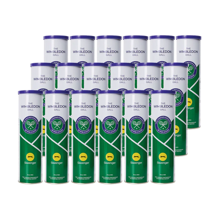 Eighteen tins of Slazenger Wimbledon 4 Ball Tin - Six Dozen Balls (18 Tins) are arranged in a staggered formation, each showing the official green, white, and purple Wimbledon design with Slazenger branding clearly visible.