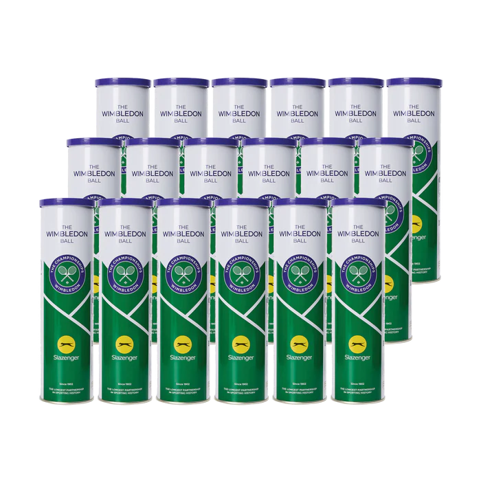 Eighteen tins of Slazenger Wimbledon 4 Ball Tin - Six Dozen Balls (18 Tins) are arranged in a staggered formation, each showing the official green, white, and purple Wimbledon design with Slazenger branding clearly visible.
