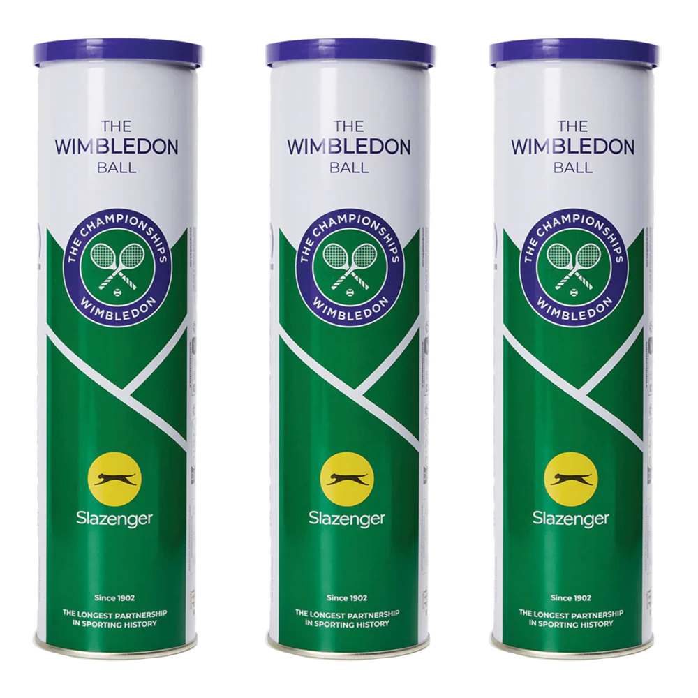 Three Slazenger Wimbledon 4 Ball Tins (one dozen balls total) feature a green and white design, purple lid, and The Championships Wimbledon logo on the front.