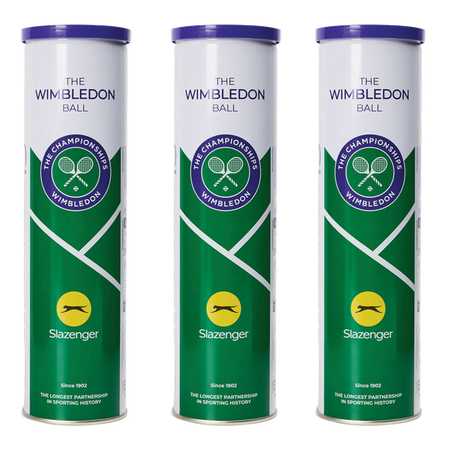 Three Slazenger Wimbledon 4 Ball Tins (one dozen balls total) feature a green and white design, purple lid, and The Championships Wimbledon logo on the front.