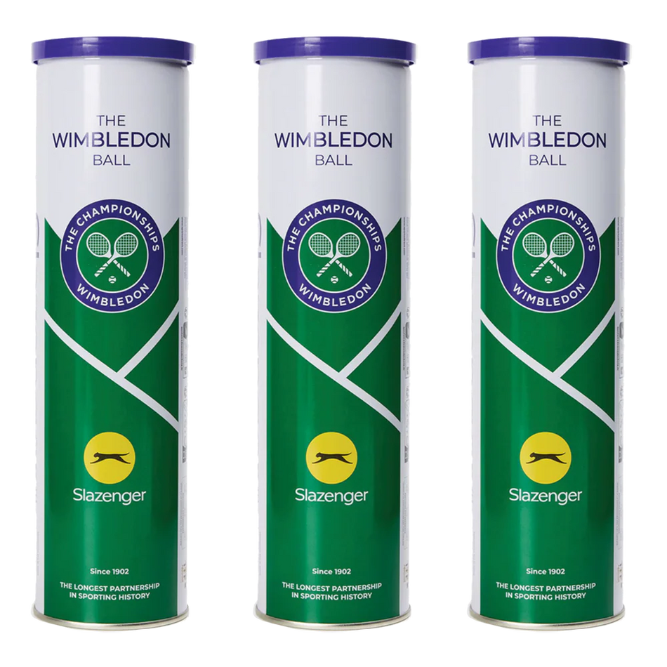 Three Slazenger Wimbledon 4 Ball Tins (one dozen balls total) feature a green and white design, purple lid, and The Championships Wimbledon logo on the front.