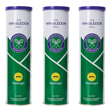 Three Slazenger Wimbledon 4 Ball Tins (one dozen balls total) feature a green and white design, purple lid, and The Championships Wimbledon logo on the front.