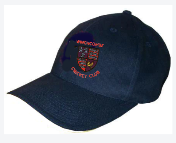 The Winchcombe CC Baseball Cap by Martin Berrill Sports is a navy blue cap with the club’s multicolored logo and "Winchcombe CC" embroidered on the front.