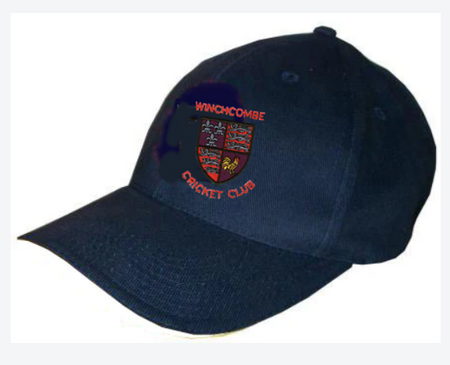 The Winchcombe CC Baseball Cap by Martin Berrill Sports is a navy blue cap with the club’s multicolored logo and "Winchcombe CC" embroidered on the front.