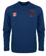 The Gray Nicolls Winchcombe CC Matrix V2 Long Sleeve T-Shirt in navy features a red and gold club crest on the left chest, a white and red logo on the right, crew neckline, and moisture-wicking fabric for all-match comfort.