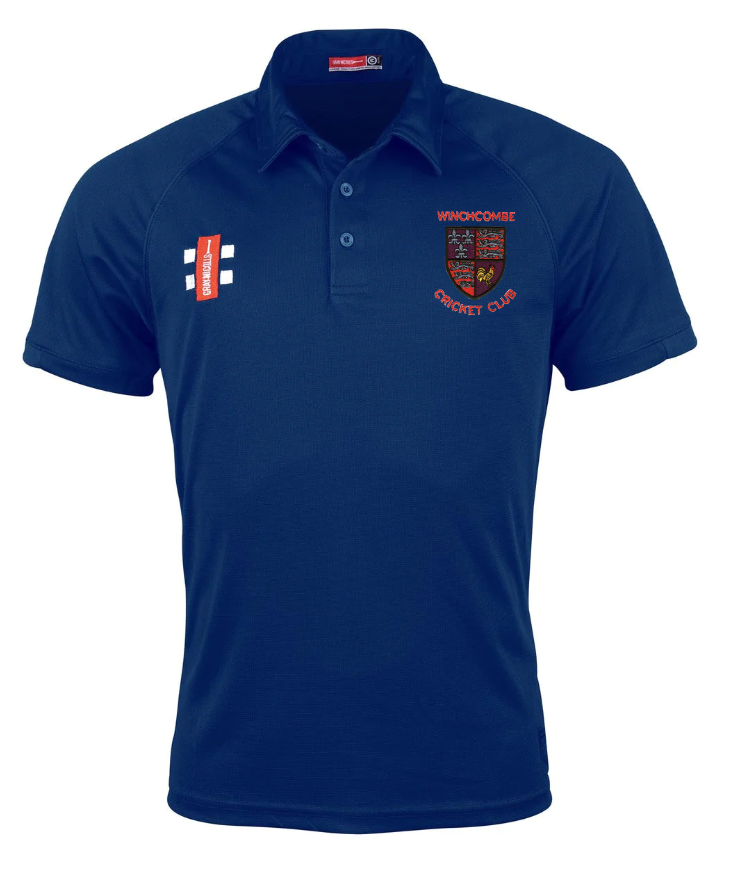 Train in comfort with the Winchcombe CC Matrix V2 Polo by Gray Nicolls—a navy cricket shirt featuring short sleeves, moisture-wicking fabric, club crest on the left chest, and a white and red logo on the right.