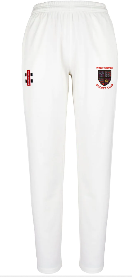 The Gray Nicolls Winchcombe CC Matrix V2 Cricket Trousers feature an elastic waistband, moisture control fabric, tapered fit, the club’s crest and logo on the right leg, and a red and black emblem on the left thigh.