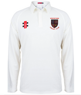 The Gray Nicolls Winchcombe CC Matrix V2 Long Sleeve Cricket Shirt is white with moisture control, a red and black Winchcombe CC crest on the left chest, and a small vertical black, white, and red logo on the right chest.