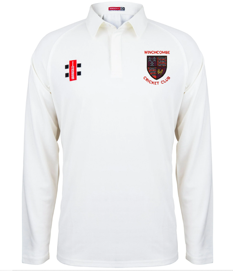 The Gray Nicolls Winchcombe CC Matrix V2 Long Sleeve Cricket Shirt is white with moisture control, a red and black Winchcombe CC crest on the left chest, and a small vertical black, white, and red logo on the right chest.