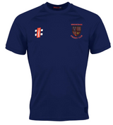 The Gray Nicolls Winchcombe CC Matrix V2 T-Shirt in navy features short sleeves, moisture-wicking fabric, the club badge, bold white and red logo, and two vertical white bars—perfect for active training.