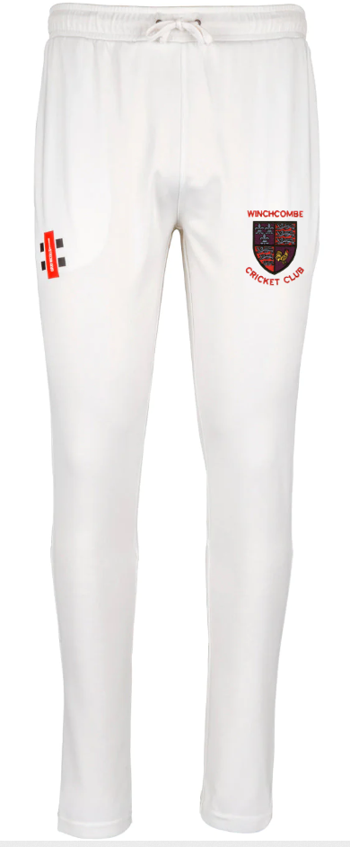 The Gray Nicolls Winchcombe Pro Performance Cricket Trousers feature an elastic waistband with drawstring, a red, yellow, and blue crest on the left thigh, and a small red and black logo on the right for comfort and style.