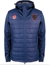 The Gray Nicolls Winchcombe CC Pro Performance Full Zip Jacket is a blue, water-repellent hooded jacket featuring the Warwickshire County Cricket Club crest on the left chest and an England cricket flag patch on the right, with stylish horizontal stitching.